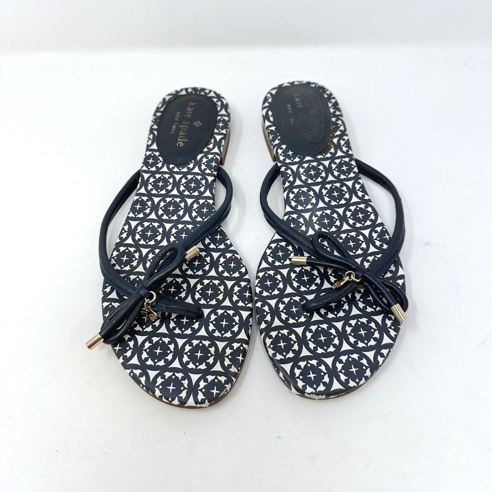 Kate Spade Mystic Bow Leather Thong Sandals Navy 7.5‎